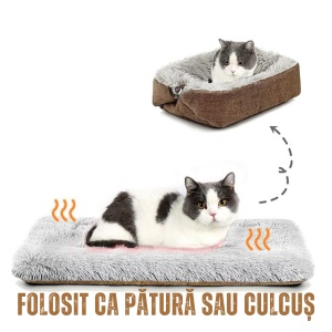 Yatrick Culcuș 2-în-1 pentru pisici și câini mici, saltea și pat pliabil auto-încălzire, material pluș moale, confort termic, culoare maro cu gri - Img 4