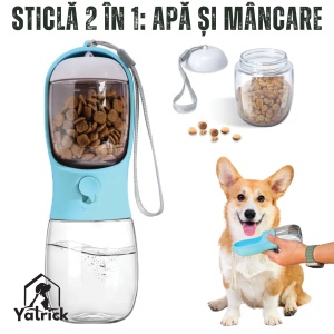 Sticlă portabilă 2-în-1 pentru apă și hrană animale, 330 ml, cu compartiment pentru recompense, buton ON/OFF, fără scurgeri, ideală pentru plimbări, călătorii și drumeții - Yatrick, culoare: roz - Img 12