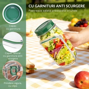 Caserola Alimentara cu Capac Etans, Recipient Reutilizabil pentru Picnic, Pranz, Salata, 1L, Fara BPA - Img 11