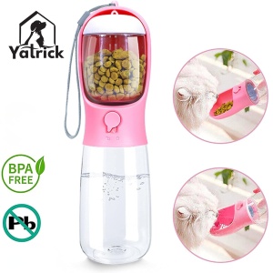 Sticlă portabilă 2-în-1 pentru apă și hrană animale, 330 ml, cu compartiment pentru recompense, buton ON/OFF, fără scurgeri, ideală pentru plimbări, călătorii și drumeții - Yatrick, culoare: roz - Img 4