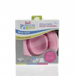 Potette Plus, Pachet Olita portabila, liner, 10 pungi biodegradabile, 700g, 14 luni+, roz+alb