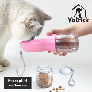 Sticlă portabilă 2-în-1 pentru apă și hrană animale, 330 ml, cu compartiment pentru recompense, buton ON/OFF, fără scurgeri, ideală pentru plimbări, călătorii și drumeții - Yatrick, culoare: albastru - Img 4