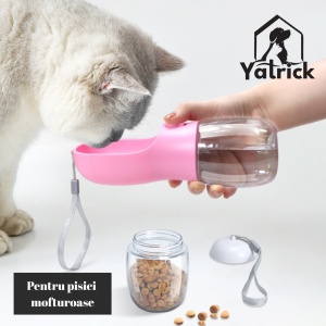 Sticlă portabilă 2-în-1 pentru apă și hrană animale, 330 ml, cu compartiment pentru recompense, buton ON/OFF, fără scurgeri, ideală pentru plimbări, călătorii și drumeții - Yatrick, culoare: roz - Img 2