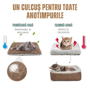 Yatrick Culcuș 2-în-1 pentru pisici și câini mici, saltea și pat pliabil auto-încălzire, material pluș moale, confort termic, culoare maro cu gri - Img 6