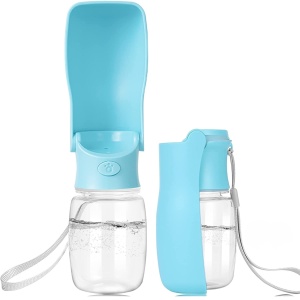 Sticlă de apă pliabilă pentru câini și pisici, 330 ml - fără scurgeri, cu buton mare ON/OFF, reutilizabilă pentru apă, portabilă pentru plimbări, drumeții și călătorii - Yatrick - culoare albastru