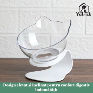 Yatrick Bol de apă sau mâncare pentru animale, elevat și înclinat, cu suport alb, bol transparent cu urechiușe, din plastic, ideal pentru câini și pisici, confort digestiv și postură corectă - Img 6
