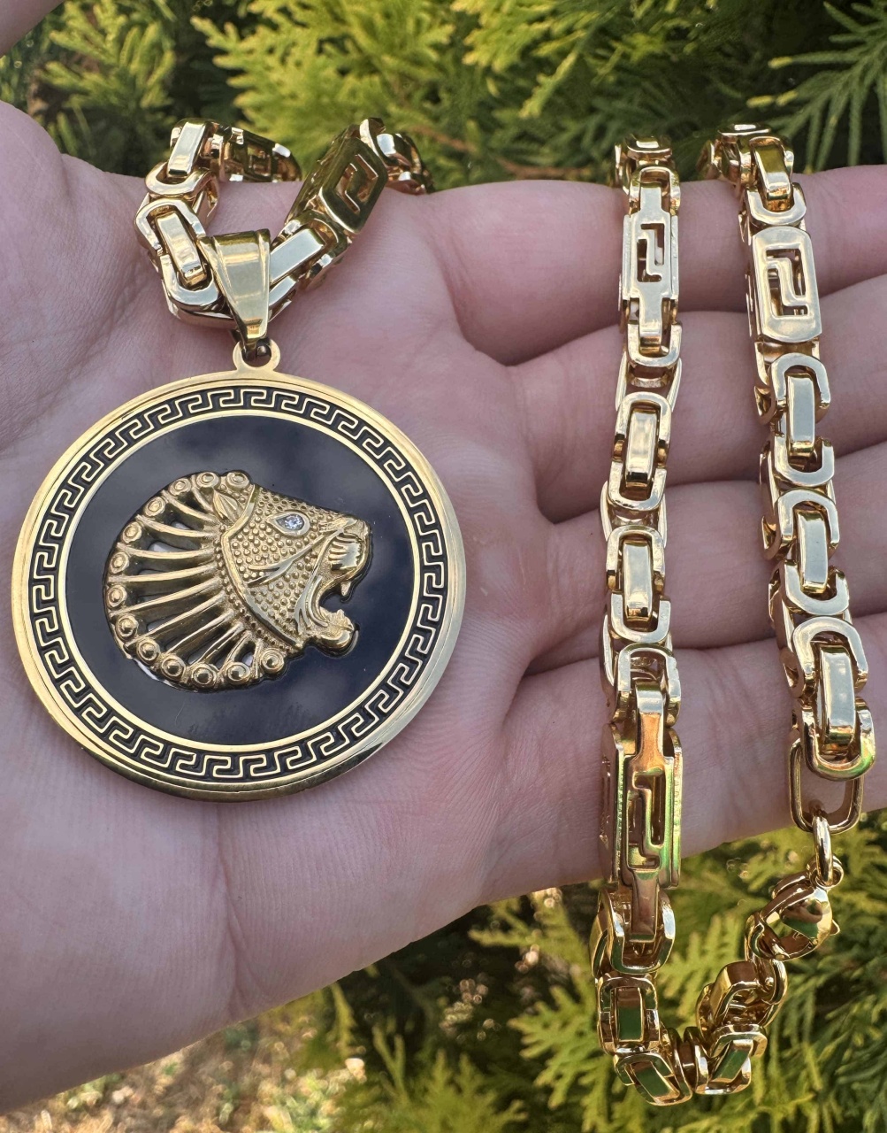 Lant Barbati Inox 316L Placat Aur, Model Versace, Medalion Rotund Cu ...
