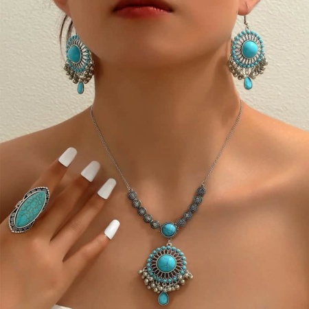 Bijuterii Statement cu Turcoaz – Set Elegant cu Lant, Cercei si Inel Vintage S56M