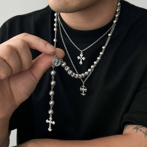 Colier Bărbați cu Cruce și Bile Imitație, Stil Hip-Hop