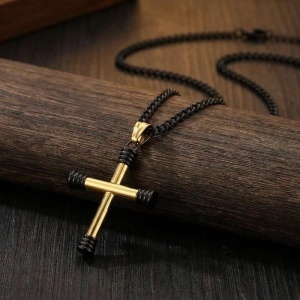 Lanț Bărbați cu Cruce Aurie și Neagră, 60 cm, Pandantiv 45 mm Placat Aur 14K LC51GS - Img 3