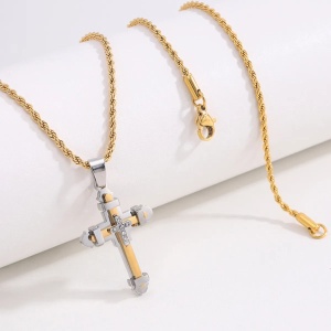 Lant Unisex Din Otel Inoxidabil Placat Aur Cu Pandantiv Crucifix Bicolor LC208E