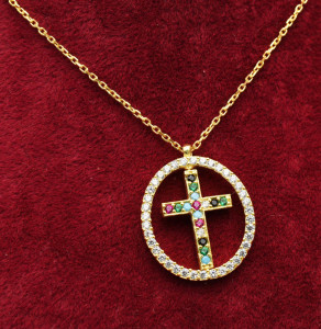Lantisor Din Argint Placat Aur Model Oval si Cruciulita Multicolor Arg20E - Img 5
