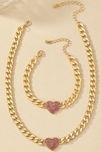 Set Bijuterii Stil Cuban, Lanț si Bratara Gros Auriu cu Inimă Pink Zircon, Accesorii Statement S245V - Img 2