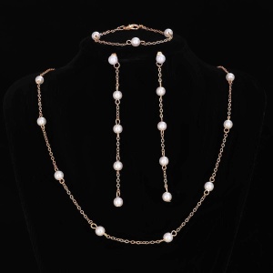 Set de Bijuterii cu Perle: Lănțișor, Brățară și Cercei Placați cu Aur S56K - Img 2