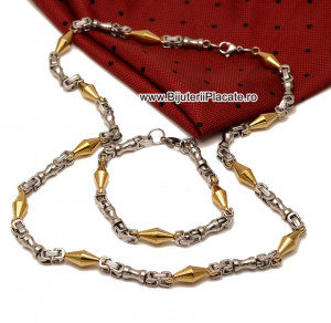Set Lant+Bratara inox model Byzantine Ton Auriu si Argintiu cod S182 - Img 1