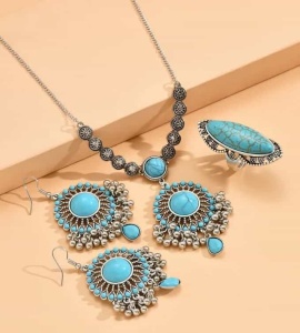 Bijuterii Statement cu Turcoaz – Set Elegant cu Lant, Cercei si Inel Vintage S56M - Img 2