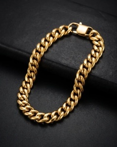 Bratara Lant Cubanez Placata Aur 18K Inox Barbati cod B998CLA - pe piatra neagra