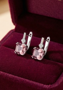 Cercei Argint 925 Cu Cristal Roz Si Zirconii Stralucitoare, Cercei Eleganti Femei Model Rafinat