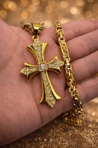 Lant Barbati 60cm, Cruce Aurie Cu Pietre, Model Asemănător Versace LC124K - Img 3