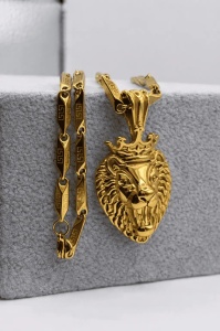 Lanț Inox Bărbați cu Pandantiv Leu, Model deosebit Versace, Placat Aur 18K Model Grecesc, Pandantiv Leu Regal lc15Z - Img 3