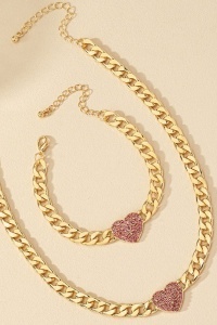 Set Bijuterii Stil Cuban, Lanț si Bratara Gros Auriu cu Inimă Pink Zircon, Accesorii Statement S245V - Img 3