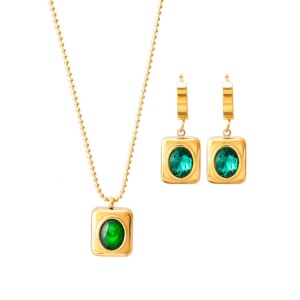 Set Bijuterii Stralucitor – Lant si Cercei Placati cu Aur cu Zirconiu Verde S223F - Img 4