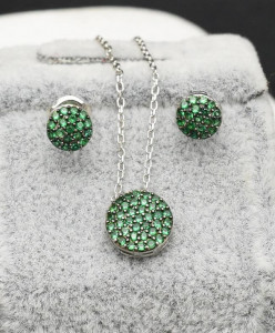 Set Cercei si Lantisor Din Argint S925 Smarald Verde Rotund Set19C - Img 1
