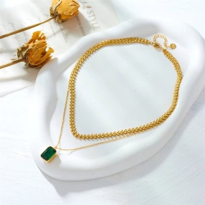 Lant din Inox Placat cu Aur cu Pandantiv Piatra Verde – Colier Elegant pentru Femei L223C - Img 7