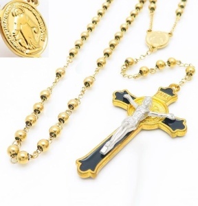 Lant Rozariu Elegant Cu Cruce Decorativa si Bile Aurii, Model Religios Clasic R43V