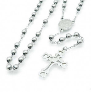 Rozariu Barbati Inox, Argintiu, Cruce Religioasa, Lant si Margele, Model Elegant si Rezistent R43F
