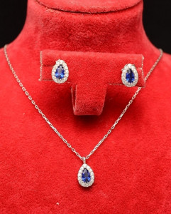 Set Argint Lantisor, Pandativ Si Cercei Rodiat -BLUE SAPPHIRE- Set146B - Img 1
