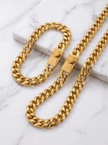 Set Barbati Lant + Bratara Cuban Link, Inox 316L Placat Aur, Grosime 1 cm – 60 cm / 21 cm, Inchizatoare Premium S134XAI - Img 3