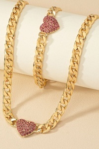 Set Bijuterii Stil Cuban, Lanț si Bratara Gros Auriu cu Inimă Pink Zircon, Accesorii Statement S245V - Img 4
