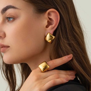 Set Cercei Și Inel Femei, Placat Aur 14K, Model Vintage Modern, Accesorii Elegante S71F - Img 6