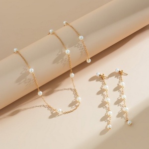 Set de Bijuterii cu Perle: Lănțișor, Brățară și Cercei Placați cu Aur S56K - Img 3