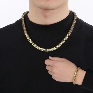 Set Lant si Bratara Barbati, Otel Inoxidabil, Model Versace, Auriu sau Argintiu, Stil Elegant si Masculin Cod S194A - Img 8