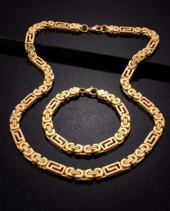 Set Lanț și Brățară Barbati Placat Aur 14K, Model Bizantin Grecesc, Otel Inoxidabil, 60cm Cod S72S