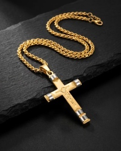 Set Lant si Pandantiv Cruce cu Crucifix Auriu Inox Barbati cod LC45CLA - pe piatra neagra