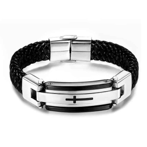 Brățară Bărbați din Inox și Piele Împletită, Neagră, cu Detalii Metalice și Simbol Cruce, Design Modern Premium cu Piele B934X