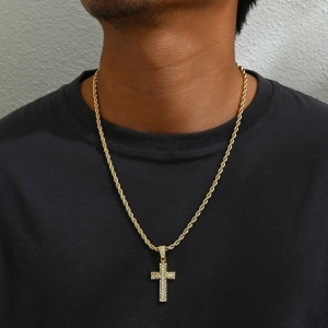 Lant din Inox Placat Aurit Placat Aur 18 K– Cruce Masiva, Bijuterie Hip-Hop Barbati LC168GGA - Img 3