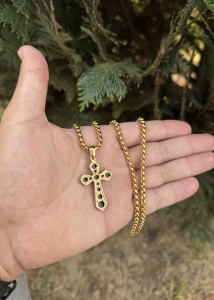Lant Elegant Cu Pandantiv Crucifix, Placat Aur, Cruce Neagră Stil Urban LC01X - Img 2