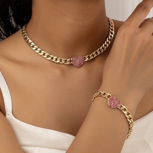 Set Bijuterii Stil Cuban, Lanț si Bratara Gros Auriu cu Inimă Pink Zircon, Accesorii Statement S245V - Img 5
