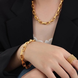 Set Colier Și Brățară Femei, Lanț Modern Din Titan, Placat Aur 18K, Bijuterii Elegante S118F