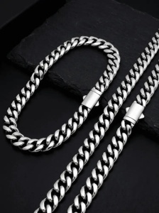 Set Cuban Link Barbati Inox 316L, Inchizatoare Premium cu Siguranta Dubla,Nu Se Innegreste S190CAI