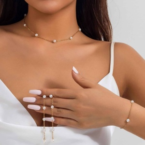 Set de Bijuterii cu Perle: Lănțișor, Brățară și Cercei Placați cu Aur S56K - Img 4