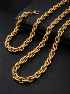 Set Lanț și Brățară Bărbați Auriu, Oțel Inoxidabil, 8 mm, Lanț 60 cm Impletit S180S - Img 2