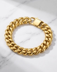 Bratara Lant Cubanez Placata Aur 18K Inox Barbati cod B998CLA - pe marmura alba, alt unghi