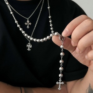 Colier Bărbați cu Cruce și Bile Imitație, Stil Hip-Hop - Img 4