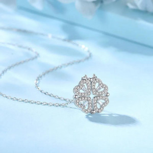 Lantisor Argint Trifoi Magnetic Se Deschide in 4 Inimioare -Four Leaf-- Pentru Femei ARG13X - Img 2