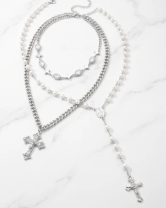 Set 3 Coliere Inox Argintii Rozariu cu Perle, Lant cu Cruce si Choker cu Zirconiu cod R50CLA1 - pe marmura alba, alt unghi